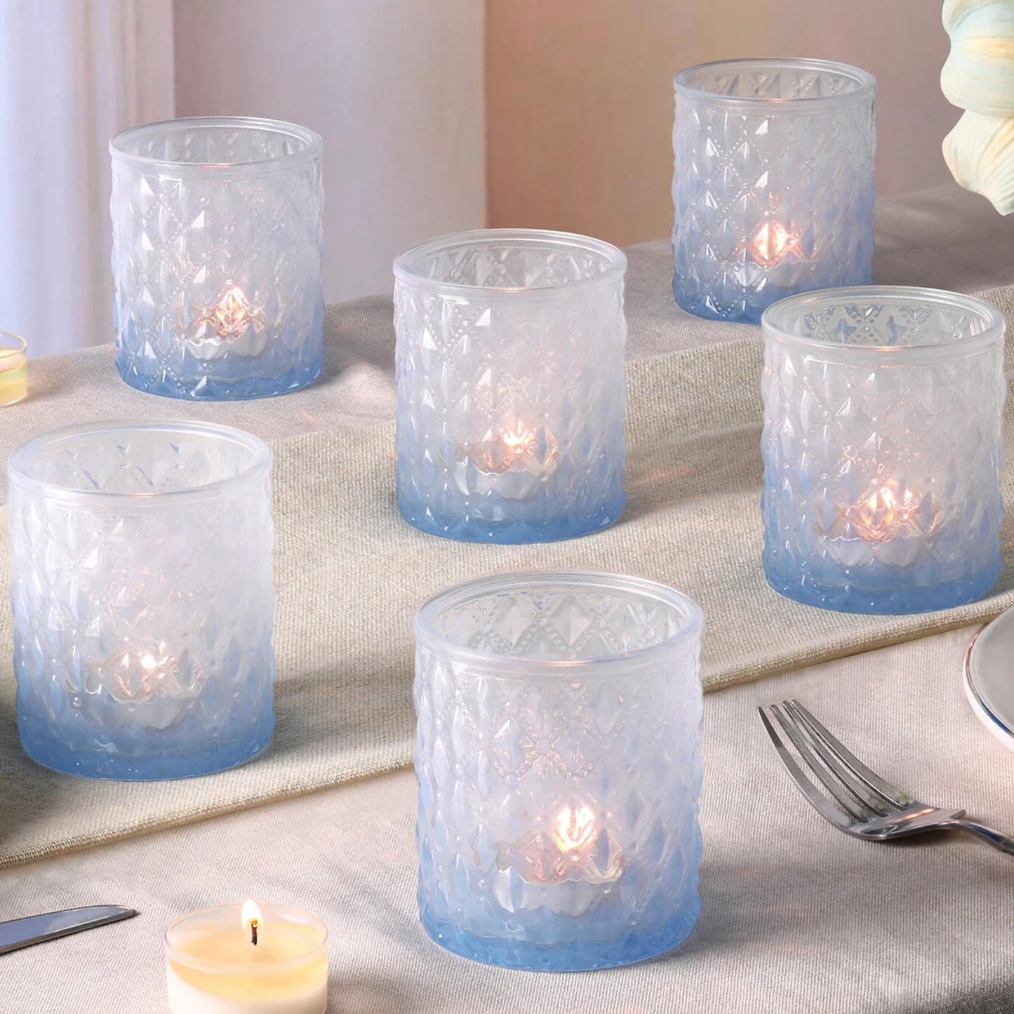 6 Pcs Blue Gradient Votive Candle Holders Glass Tea Light Candles Holder Light Blue Ombre Large Candle Holders for Bridal Shower, Wedding Table Centerpiece, Birthday Party Home Decor
