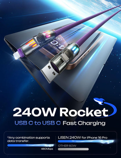 LISEN USB C to Lightning Cable, 240W 4 in 1 Charging Cable 6.6FT, Chubby USB A/C to C/Lightning with Light for iPhone Air 17 16 15 14 Pro/MacBook/iPad/Samsung/Switch 2, Multi Chargers for All Devices