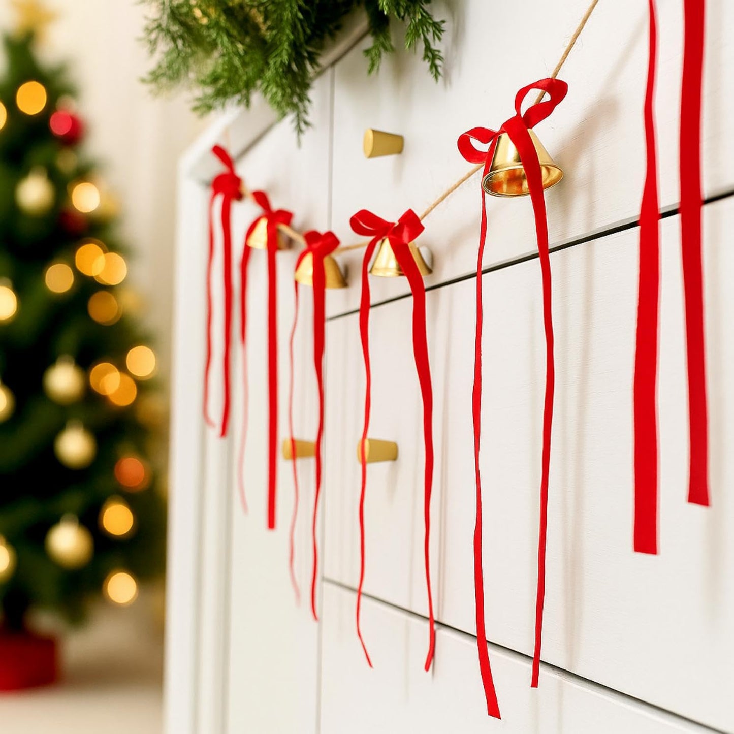 Suncalla 10 Feet Christmas Velvet Bow Garland with Jingle Bell Red Ribbon Bow Jingle Bell Banner Velvet Christmas Ornaments for Xmas Tree Fireplace Staircase Indoor Outdoor Decoration