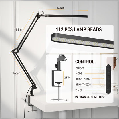SKYLEO Desk Lamp - 80cm Desk Light - 5 Color Modes X 11 Brightness Levels - Adjustable Swing Arm - Timmer & Memory Function - 12W Study Lamp - Black
