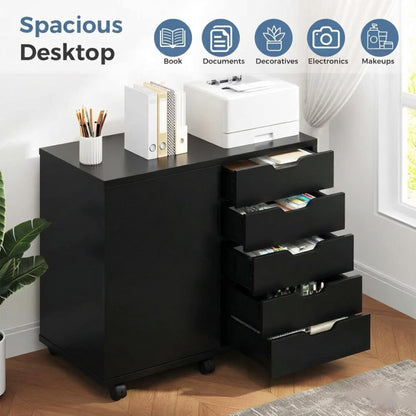 DUMOS 5 Drawer File Cabinet Office Drawers Organizer with Wheels Rolling, Under Desk Cabinets with Shelves and Door Printer Stand with Wood Board Metal Frame for Home Office Storage Craft Room, Black