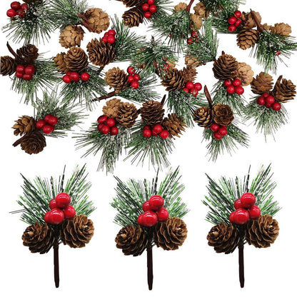 20 PCS Snow Covered Pine Needles Branches with Red Berry Stems Mini Pinecone Picks for Crafts Holiday Wreath Christmas Tree Ornaments Decor by Baryuefull