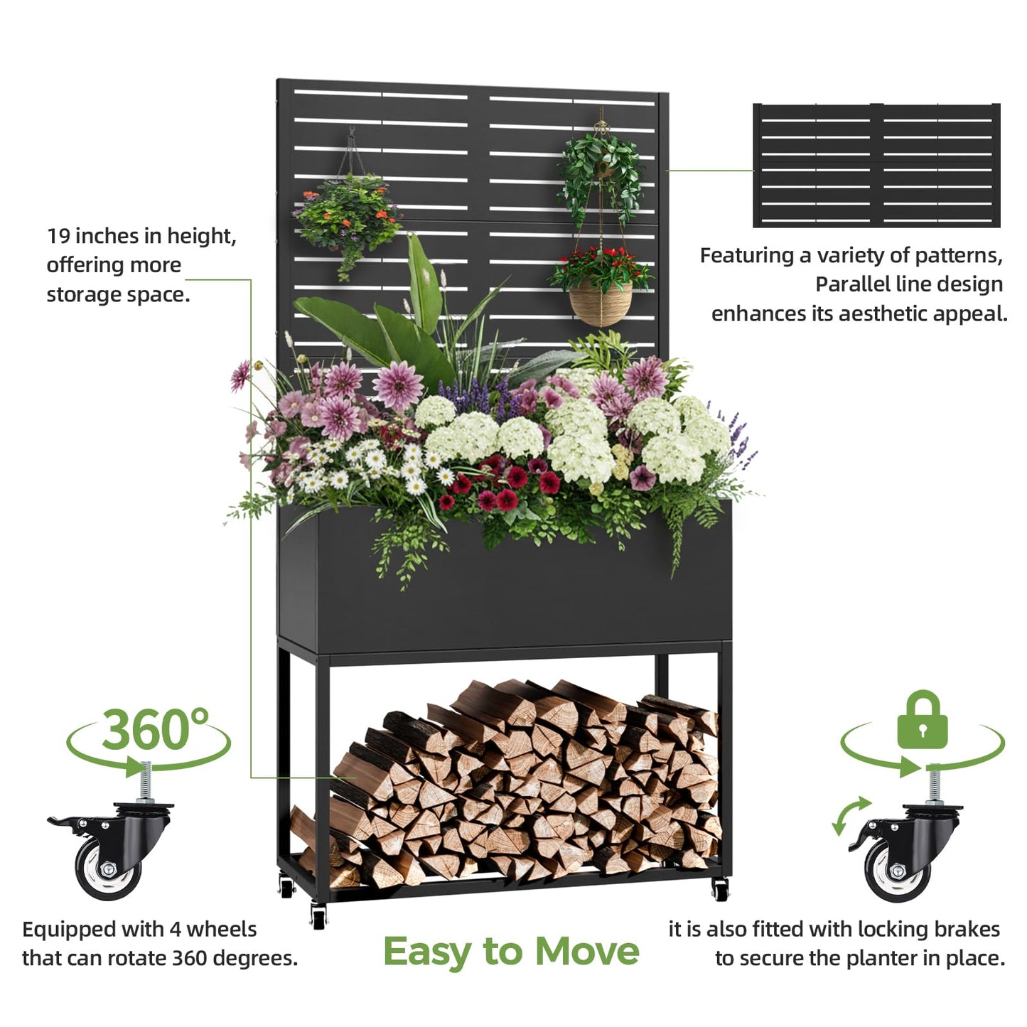 Metal Planter Box with Trellis, 3 in 1 Raised Garden Bed with Trelli & Firewood Rack, Privacy Planter Screen for Climbing Plants, Vine, Outdoor Garden Standing Beds with Drainage Holes, Wheels,Black