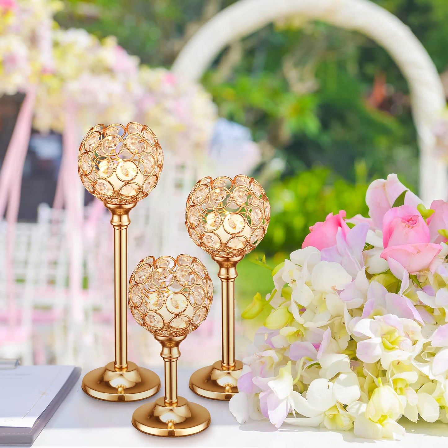 Mimorou 12 Pack Crystal Candle Holders Gold or Silver Candle Holders Bulk Tealight Candlestick Crystal Candelabras for Wedding Party Valentine Christmas Dining Table Centerpieces Decoration (Gold)