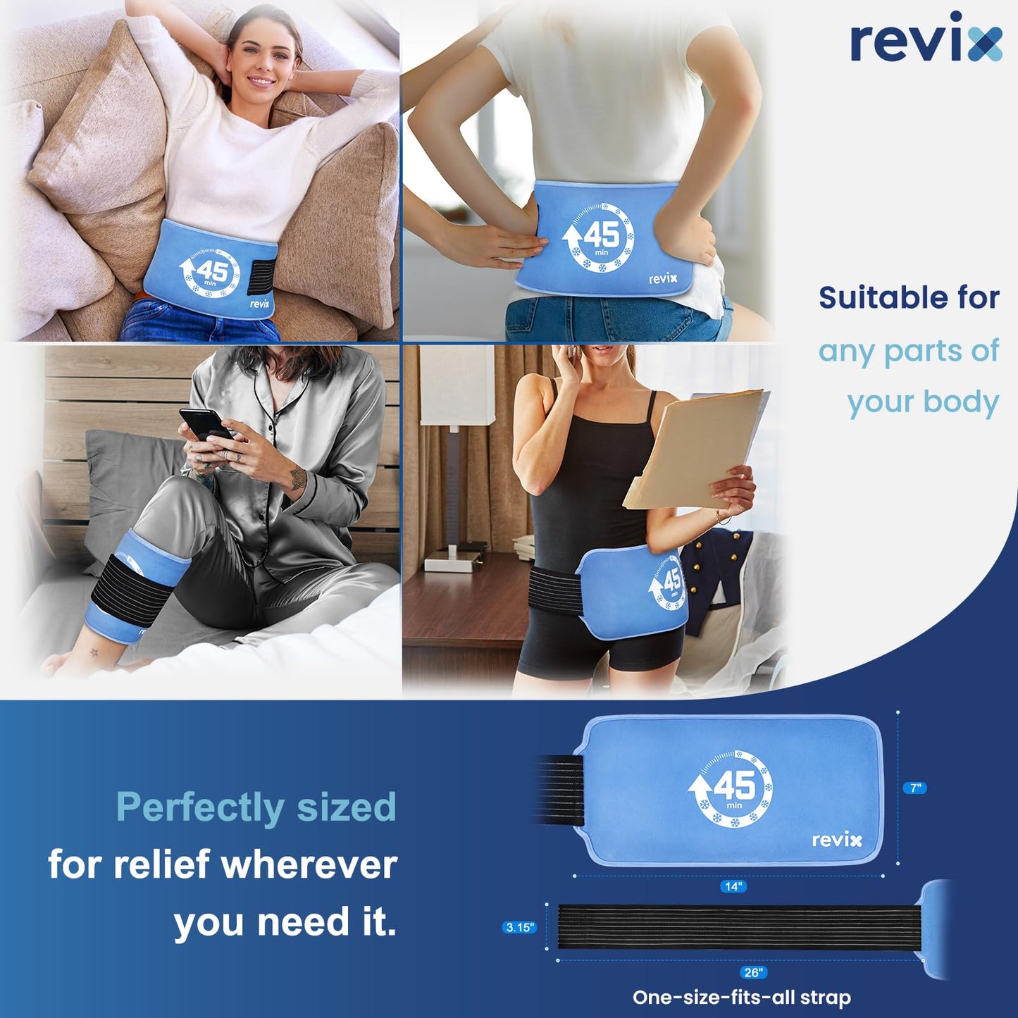 REVIX Ice Pack for Injuries Reusable (14 × 7") with Elastic Strap, 45-Minute Long-Lasting Gel Cold Pack for Knee, Shoulder, Back with Ice Grid Gel Design, Flexible Ice Wrap, Universal Use for Arm, Hip