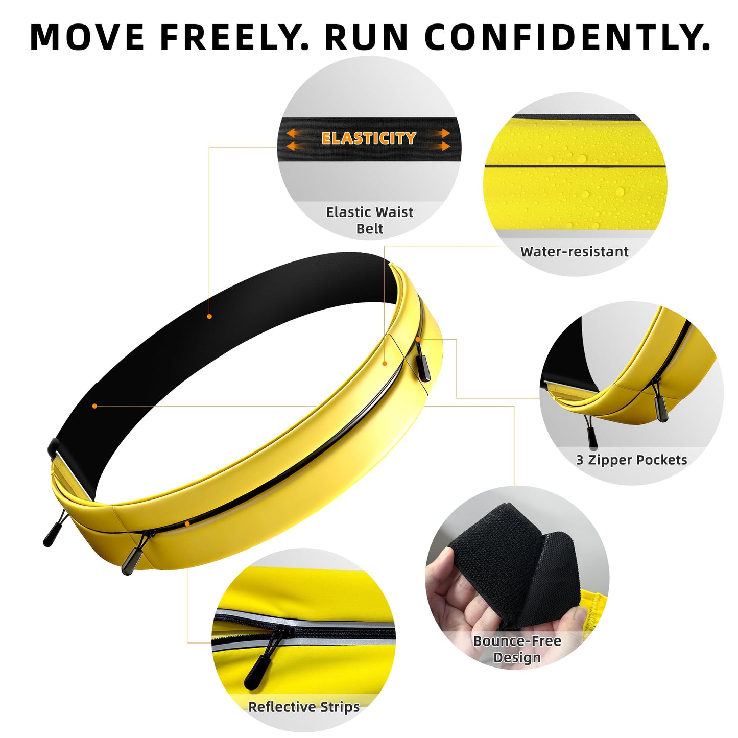 Running Belt for Men Women, Water-resistant Fanny Pack with 3 Zipper Pockets & Reflective Safety Strips, Adjustable Waist Pack Jogging Pouch for Phone, Keys & Essentials (Yellow, Large)