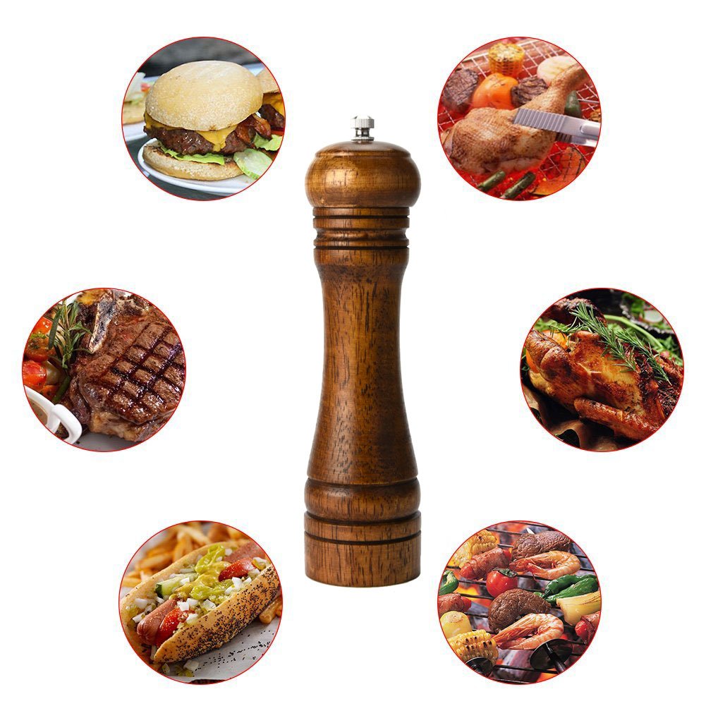 BINHAI Salt and Pepper Mill Set, Wooden Pepper Grinder Set Salt Pepper Grinder Kit Manual Mills Solid with Strong Adjustable Ceramic Grinders 2 Piece 8 Inches