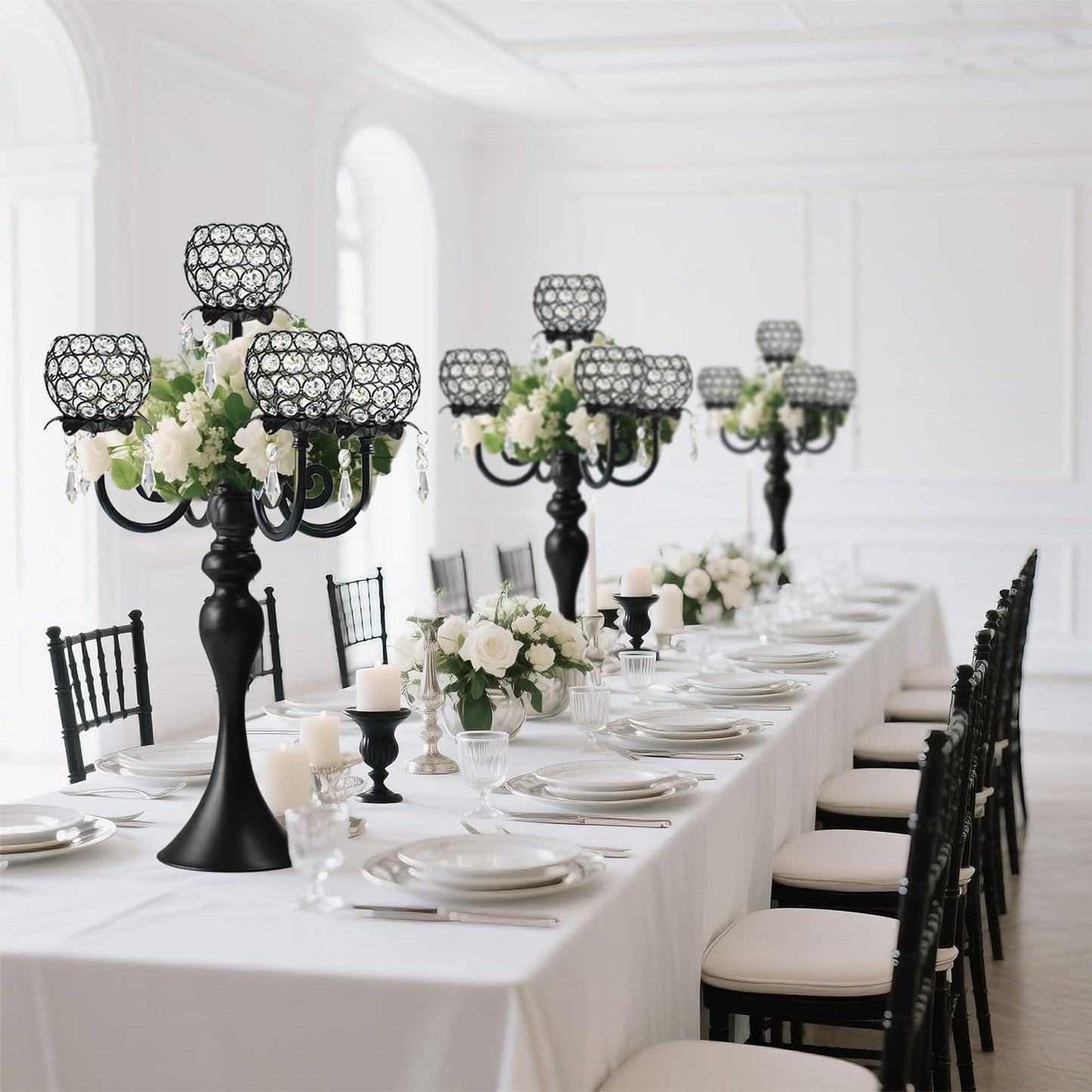 5 Arm Elegant Crystal Candle Holder,Candlestick for Wedding Table Centerpiece, 22 Inch Tall Candle Holder Table Candelabra Event Party Table Centerpiece,Home Decoration. (4, Black, Round Crystal)