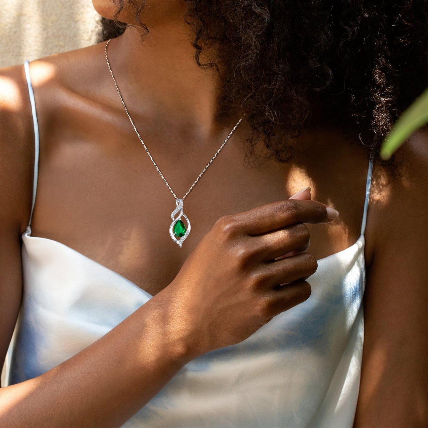 FANCIME May Birthstone Necklace for Women Emerald Teardrop Necklace Sterling Silver Infinity Love Birthday Mothers Day Gifts for Mom Women Her, 16"+2" Inches