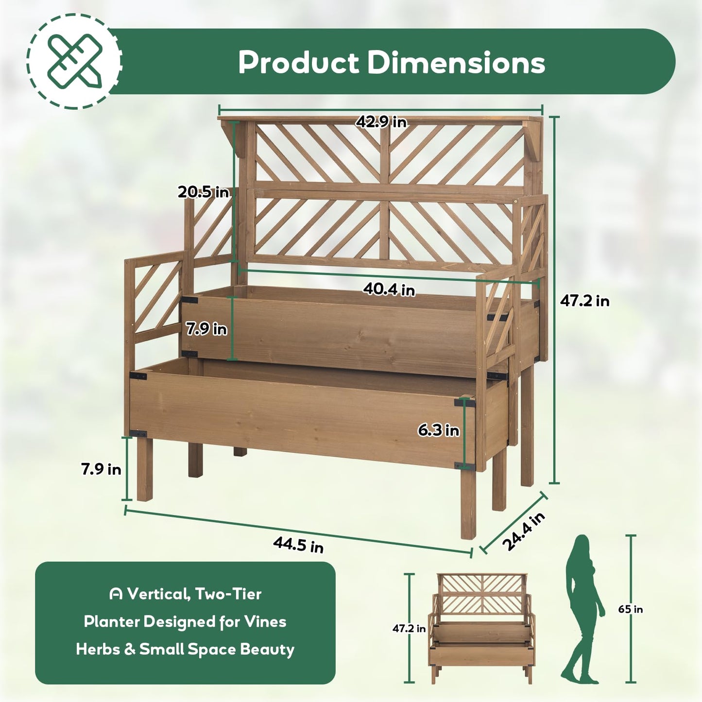 PetsCosset Raised Garden Bed with Trellis, 2-Tier Elevated Planter Box with Legs & Top Shelf, Liner, Metal Corners, Wooden Garden Beds for for Climbing Plants, Flower, Vegetables, Herbs