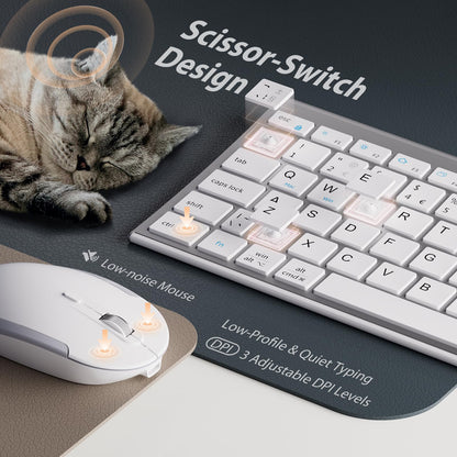iClever GK03 Wireless Keyboard & Mouse Combo for Mac & Windows, 2.4G Rechargeable Wireless Keyboard Mouse, Silent Keys, Full Size, Portable Slim Ergonomic Design, QWERTY UK Layout, Silver and White