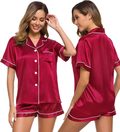 SWOMOG Womens Silk Satin Pajamas Set Short Sleeve Sleepwear Button Down Top and Shorts Loungewear 2 Piece Pjs Set XS-3XL