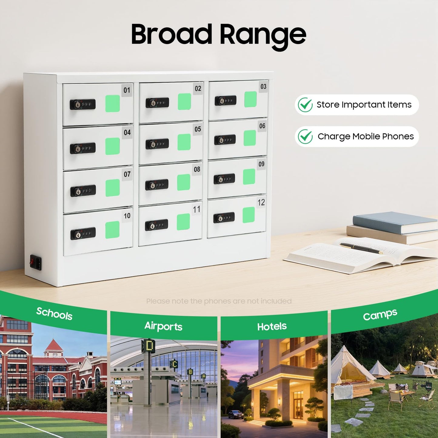 12 Slots Cellphone Charging Station, Cell Phone Charging Cabinet with 3 in 1 Cable, Combination Lock QC3.0 5-9V Fast Charging for Students and Employees (12 Slots)