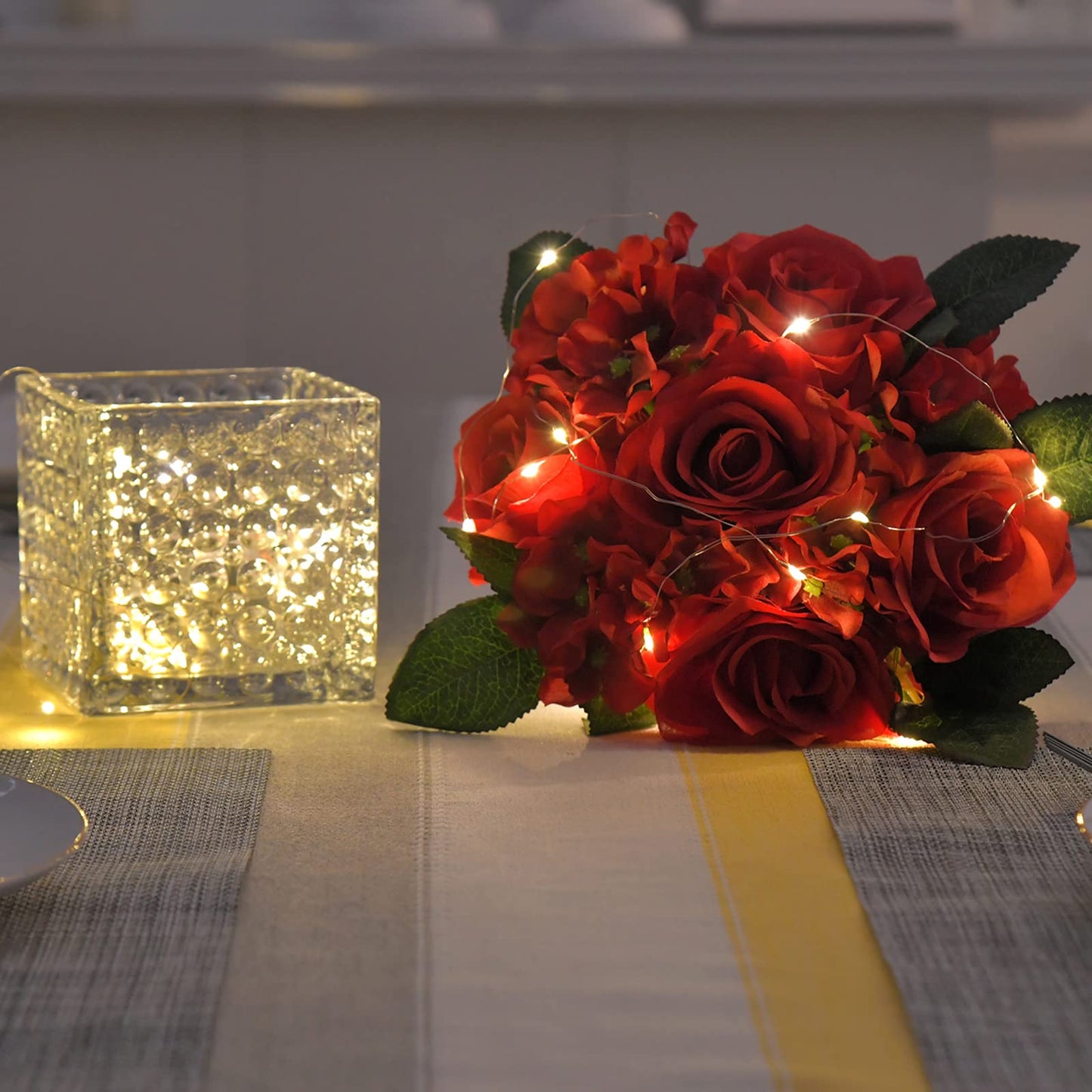 Fule Artificial Silk Rose Flower Centerpiece Arrangement in Glass Vase with LED Light for Home Wedding Decoration (Red)