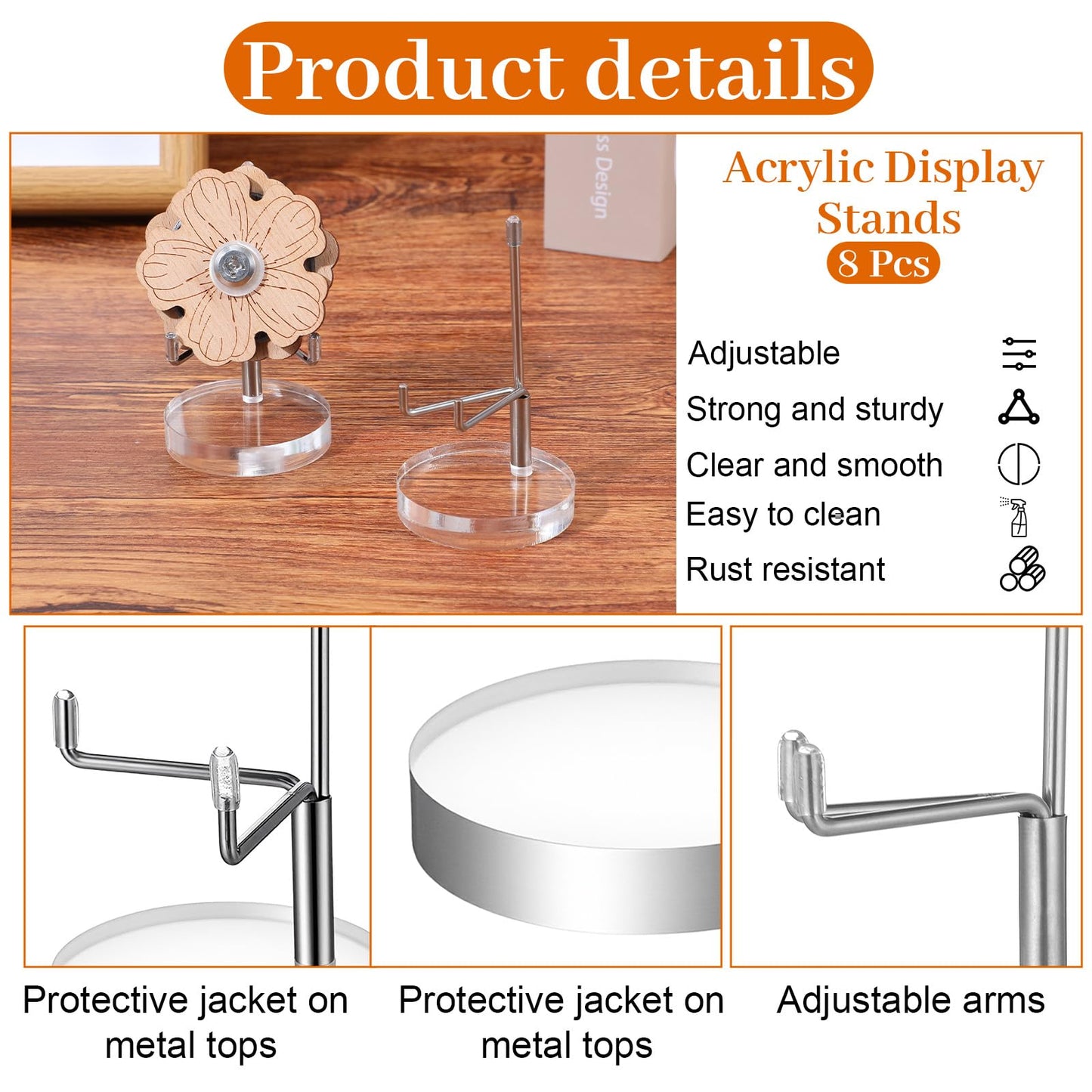 8 Pcs Adjustable Metal Arm Display Stand Easel with Acrylic Base Display Easel Holder Acrylic Crystal Clear Plate Stand for Fossil Coral Geodes Rock Small Collection (Silver, 2 x 2 x 3.5 Inch)