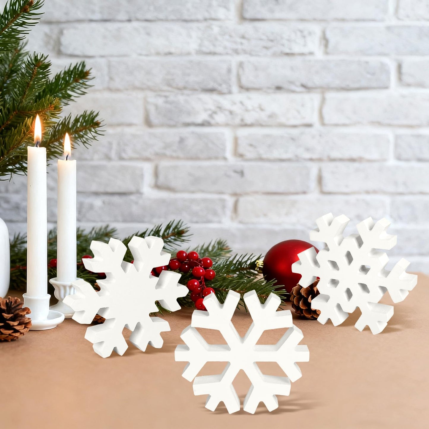 PAIVSUN 6Pcs Christmas Wooden Snowflake Decor Winter Snowflakes Table Signs Centerpieces Decorations Standing for Xmas Holiday Party Home Tabletop (White)