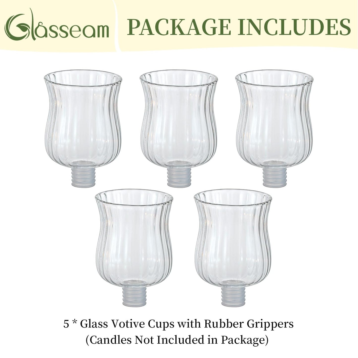 Glasseam Glass Votive Cups with Pegs: Set of 5 Shabbat Votive Candle Holders Bulk with Rubber Grippers Ribbed Glass Clear Candle Cups for Candlestick Holders Shabbos Party Centerpiece Decoration