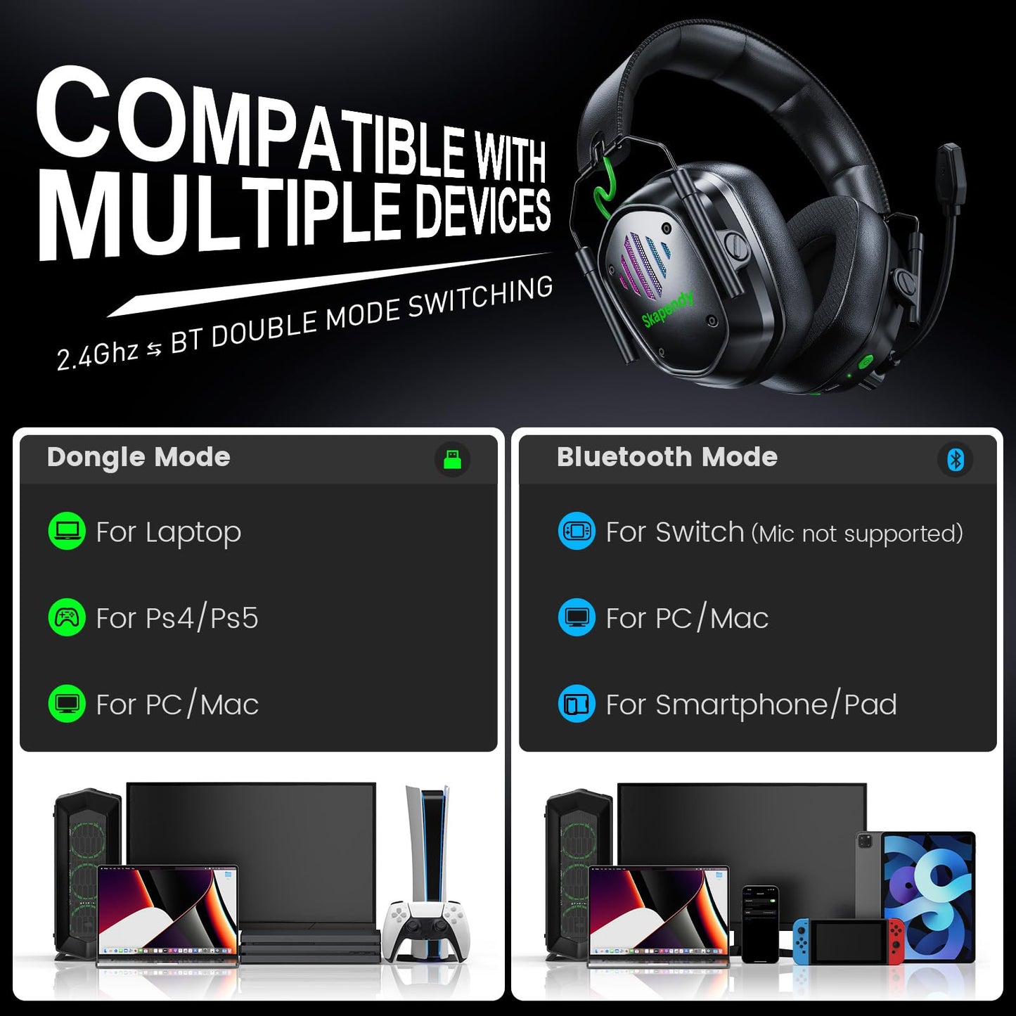 Skapendy VK81 2.4GHz Wireless Gaming Headset for PS5, PS4, PC - Bluetooth Gaming Headphones with Noise Canceling Mic, Low Latency, Stereo Sound, 50+Hr Battery, RGB Headset Game Boy Accessories, Black