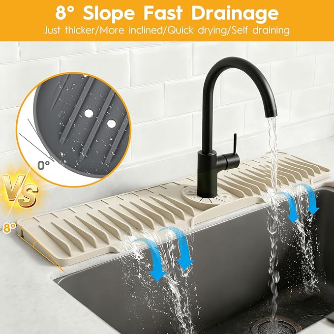 16" Silicone Faucet Mat for Kitchen Sink Released in 2025/12TH, 8° Slope Fast