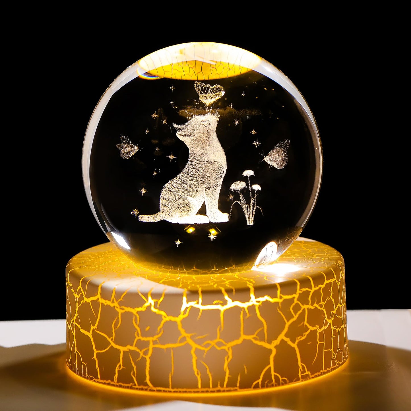 2.36in. Miniatured Cat with Butterflies Birthday Christmas for Women Girlfriend, 3D Glass Engraved Cute Cat K9 Crystal Ball with Light Base for Home Office Decoration