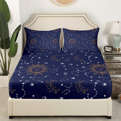 Castle Fairy Golden Sun Moon Fitted Sheet Set Full Size 4 Pcs,Stars Planets Bedding Set(1 Fitted,1 Flat,2 Pillowcases),Navy Blue Universe Luxury Deep Pocket Bed Sheets for Girls Teesn Room