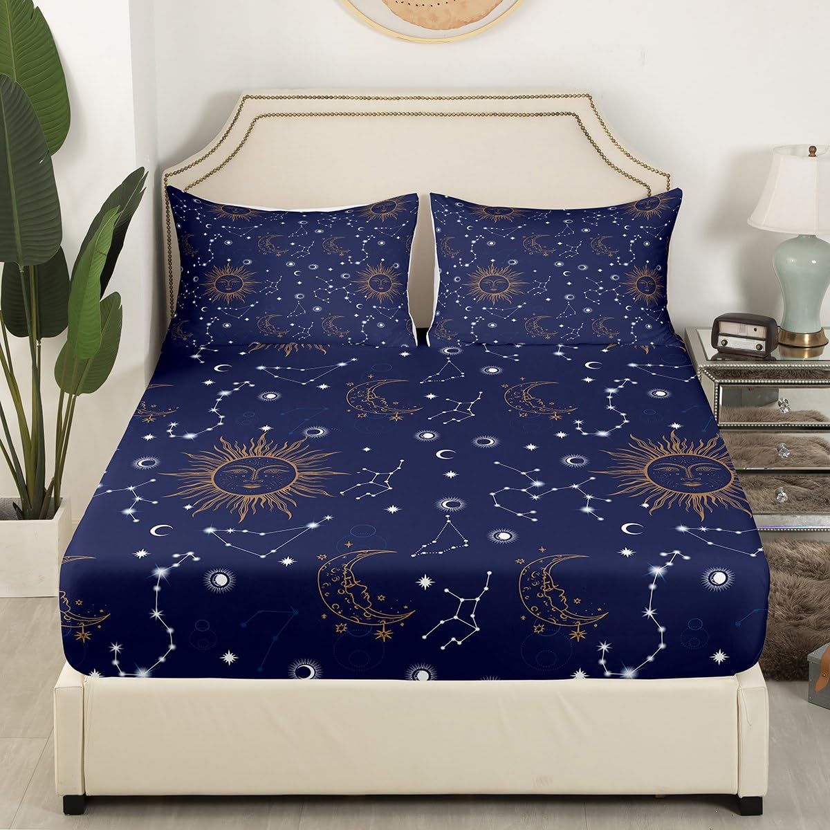 Castle Fairy Kids Golden Sun Moon Fitted Sheet Set King Size 4pcs,Stars Planets Bedding Set(1 Fitted,1 Flat,2 Pillowcases),Navy Blue Universe Luxury Deep Pocket Bed Sheets for Girls Teesn Room