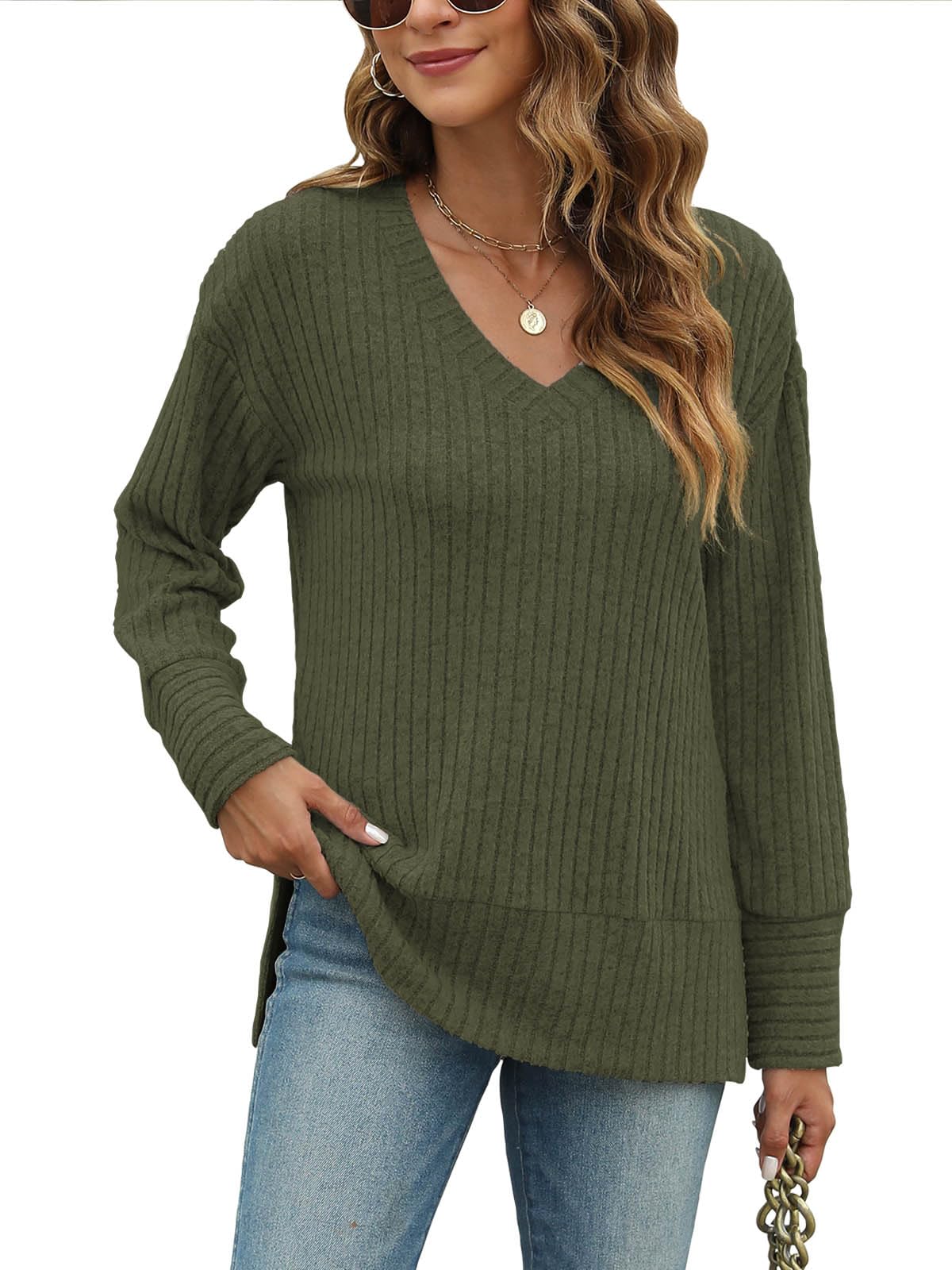 JomeDesign Womens Sweaters Long Sleeve V Neck Shirts Loose Casual Fashion Tops