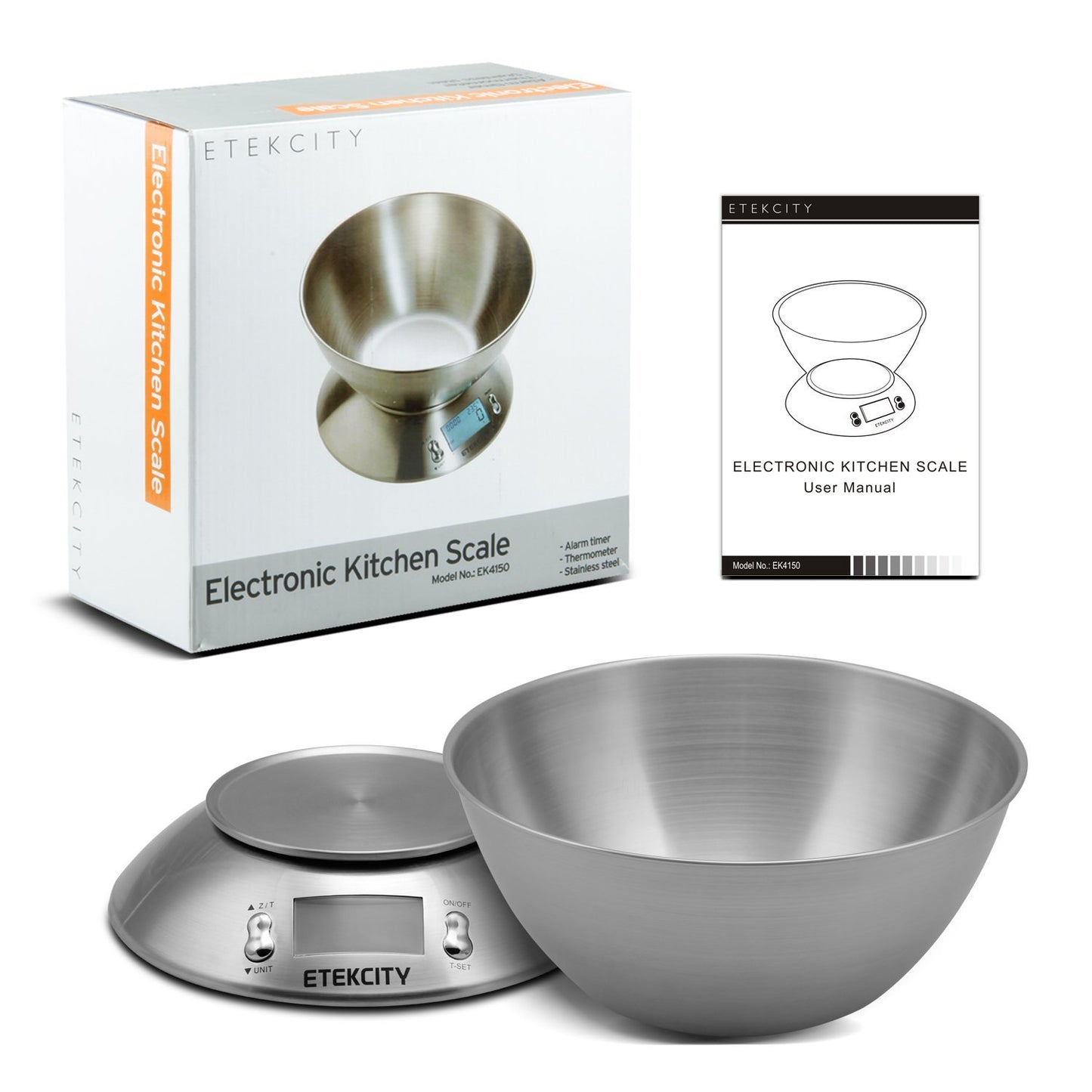 Etekcity Food Kitchen Scale with Bowl, Digital Weight Scale for Food Ounces and Grams, Cooking and Baking, Timer, and Temperature Sensor, 2.06 QT, Stainless Steel
