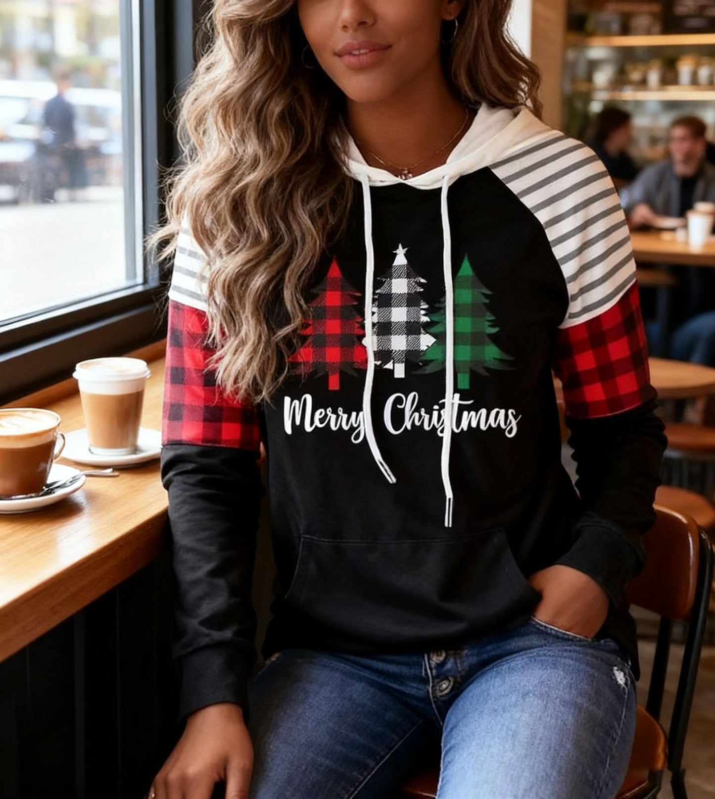 Merry Christmas Buffalo Plaid Tree Striped Splicing Hoodie Shirt Blouse for Women Christmas Color Block T Shirt Top(Black, Large)