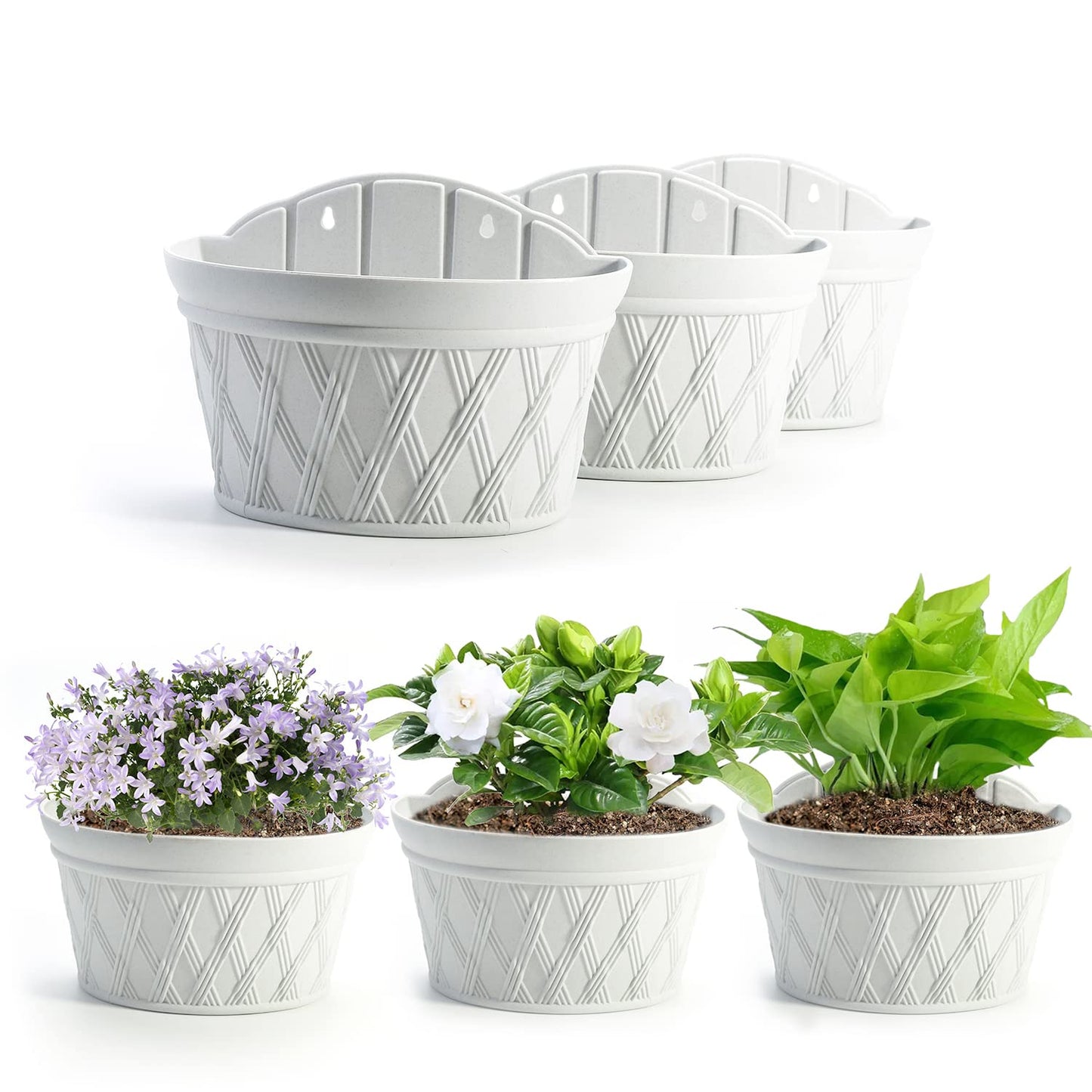 Sungmor Wall Hanging Planters,11.5 Inch Hanging Flower Pots for Railing Fence - Indoor Outdoor Balcony Wall Hanging Basket, Plastic Plant Pot Container - Half Round & 3PC Pack & Grey White