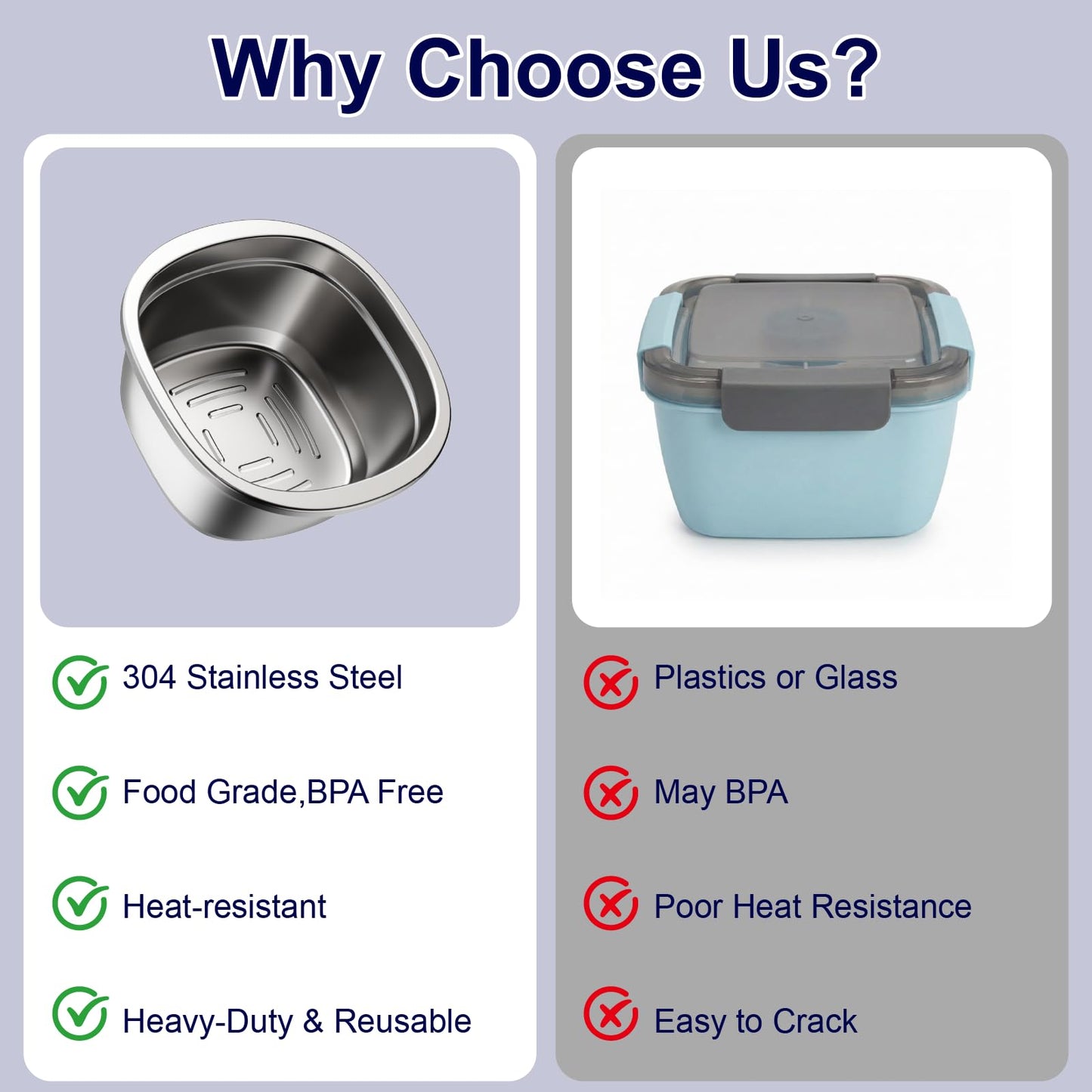 Sxueg Stainless Steel Salad Bowls to go for Lunch Container Kit, 50oz 1 Set