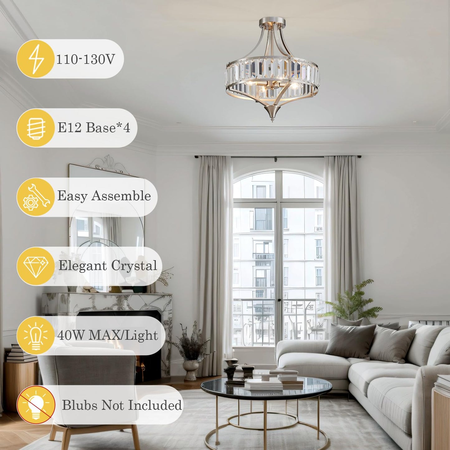 Cabvope Crystal Chandelier Ceiling Light Fixture, Modern Round Brushed Nickel Dining Room Chandeliers for Kitchen Hallway Bedroom Foyer, 16 Inch Rustic Farmhouse Semi Flush Ceiling Light, 4-Light