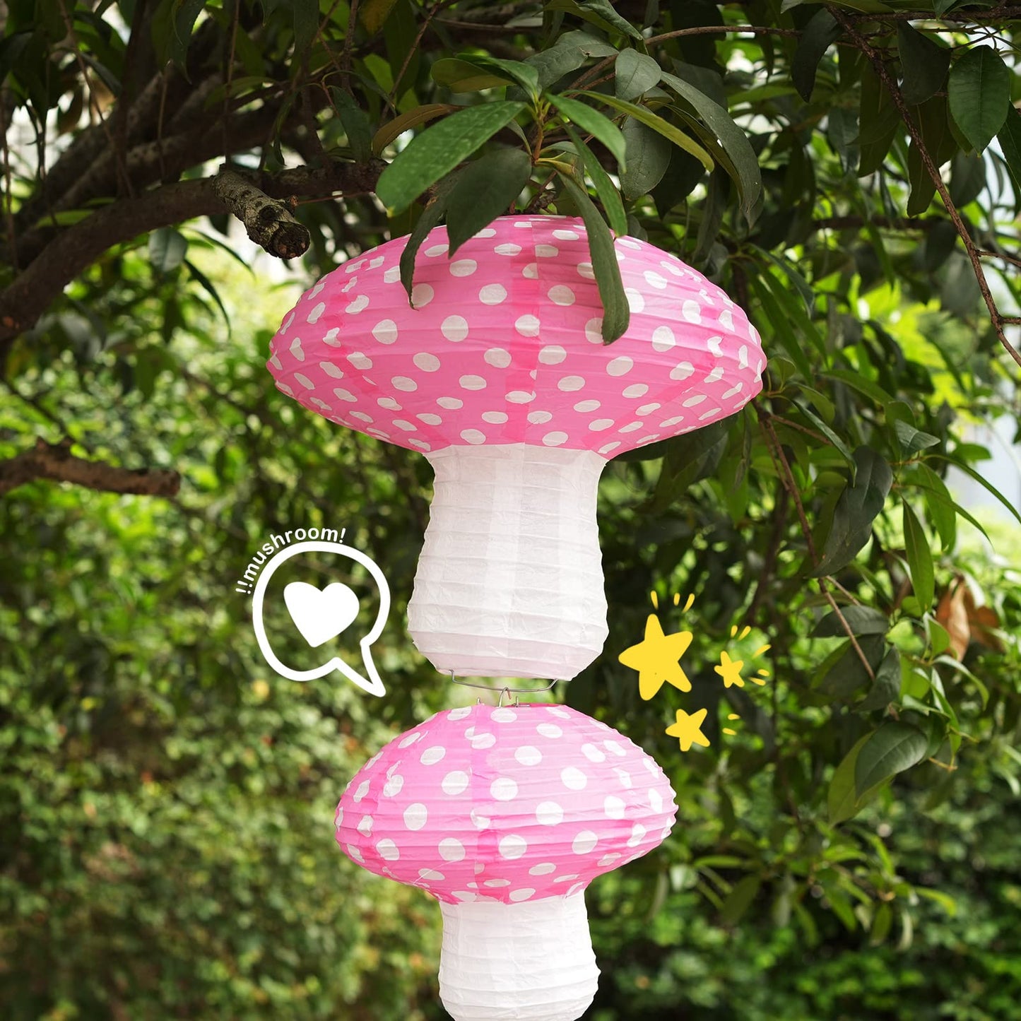 4Pcs Mushroom Paper Lanterns, Cynzia Large Paper Lantern Wonderland Forest Jungle Theme Hanging Ornament, 3D Mushroom Decor for Garden, Christmas, Party, Nursery (Pink)