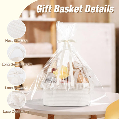 OIAHOMY Gift Basket with Long Handles, Large Woven Baskets for Gifts with Gift Bag, Ribbons and Lace, Cotton Rope Storage Basket for Birthdays, Baby Showers, Picnic, Wedding DIY Presents - White