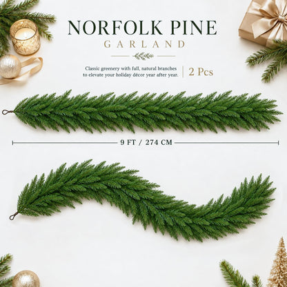 FesNiva 2 Pcs Artificial Norfolk Pine Garland – Winter Greenery Garland for Christmas Decorations, Ideal for Mantle, Table, Fireplace & Holiday Home Decor (9 FT)