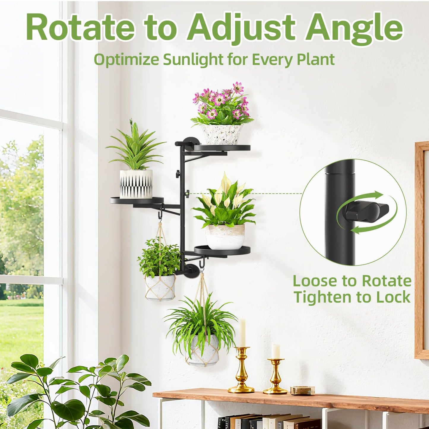 iDavosic.ly Rotating Window Plant Shelves, 3-Tier Metal Wall Stand with 2 Hooks, Flower Display Holder Rack for Living Room, Space Saving, Modern Black (Pots/Chains/Plants Not Included)