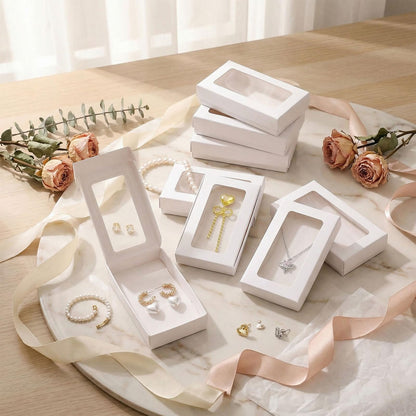 30 Pcs Jewelry Gift Boxes 3.15"X5.35"X0.7" Paper Necklace Box Bulk Jewelry Box with Clear Window 30 Display Card 36 Sticker Small Gift Boxes for Displaying Necklaces Christmas Birthday Wedding
