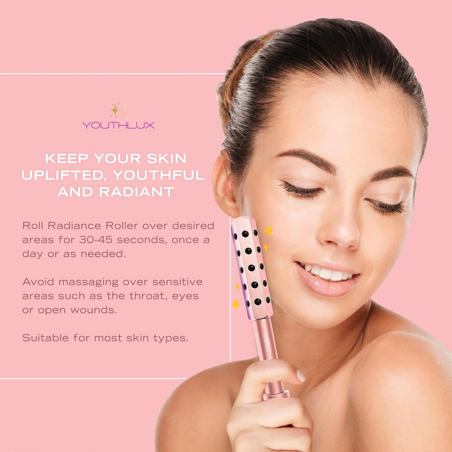 Radiance Roller - Germanium Stone Uplifting Face Beauty Massage Tool/Roller/Wand for Skin Tightening, De-Puffing, Sculpt/Lift, Anti-Aging | Uplift Face Roller, Facial Roller (Rose Gold)