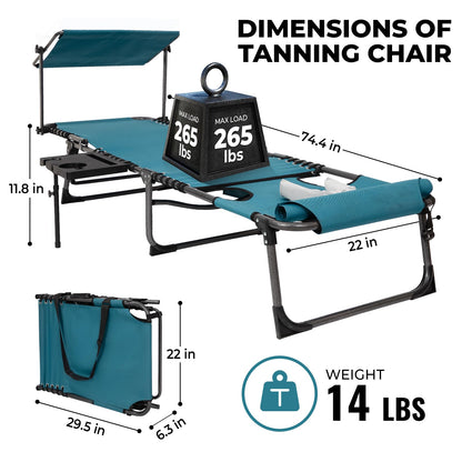 FUNDANGO 4 in 1 Tanning Chair with Face Hole, Beach Lounge Chair with Canopy Shade & Side Table Chaise Lounge Chairs for Patio, Pool, Lawn, Sunbathing, 5-Position Adjustable Sun Lounger, Cyan