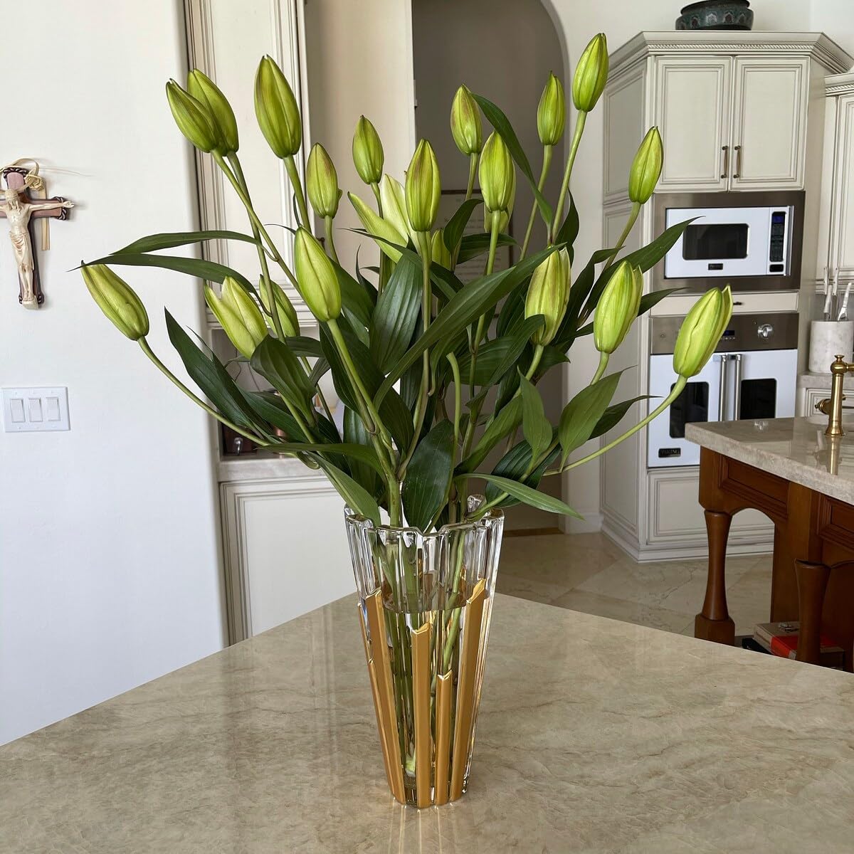 Bohemian Made Design Luxurious Decorative Tabletop Piano Golden Stripe Crystal Glass Flower vase, 12" Height, Precious Wedding Home Decoration Gift