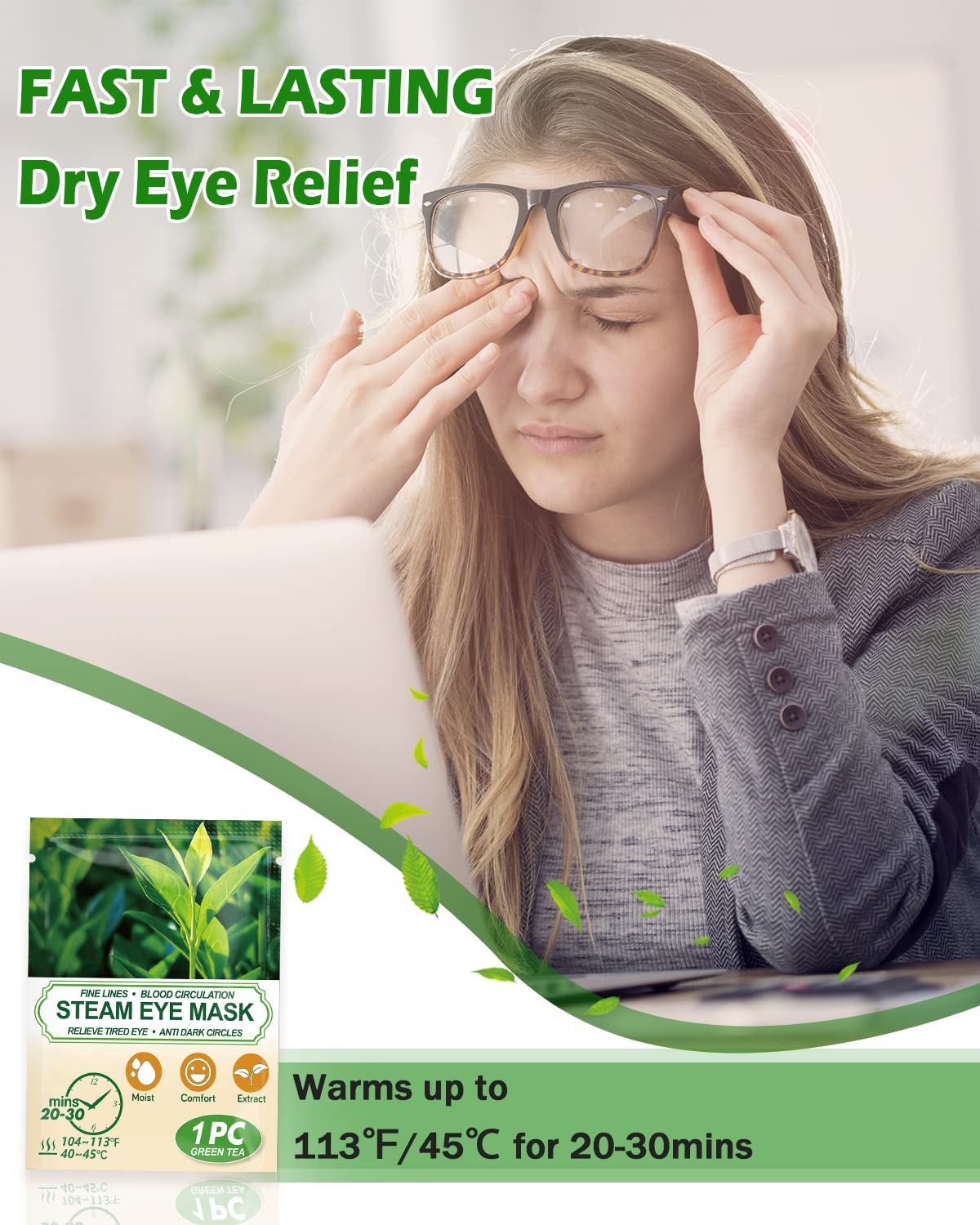 16 Packs Steam Eye Masks for Dry Eyes, Green Tea Warm Eye Mask, Relief Eye Fatigue & Puffy Eyes, Moist Heating Compress for Eyes, Self Heated Eye Mask, Disposable Travel Essentials & Relaxation Sets