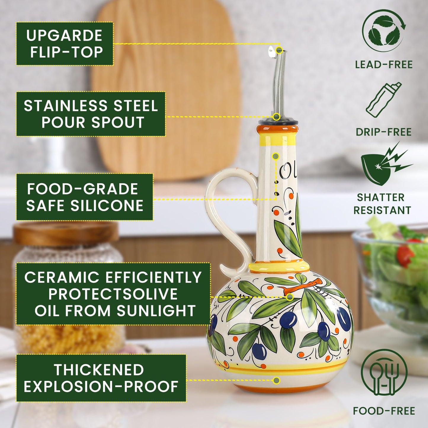 Gnlnkn 18 oz Ceramic Olive Oil Dispenser Bottle for Kitchen, Large Capacity Oli and Vinegar Cruet with Stainless Steel Spout, 540 ml Oil Container with Handle for Cooking Preventing, Vinegar Cruet