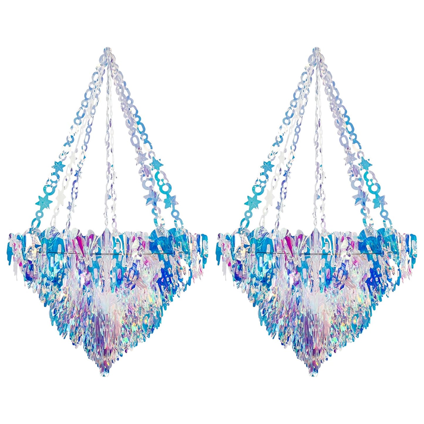 2pcs 30 Inch Iridescent Chandelier Shaped Foil Ceiling Hanging Ornament Clear Foil Decorative Folding Rainbow Shine Party Ornaments for Bridal Shower Wedding Birthday Frozen Theme Decoration