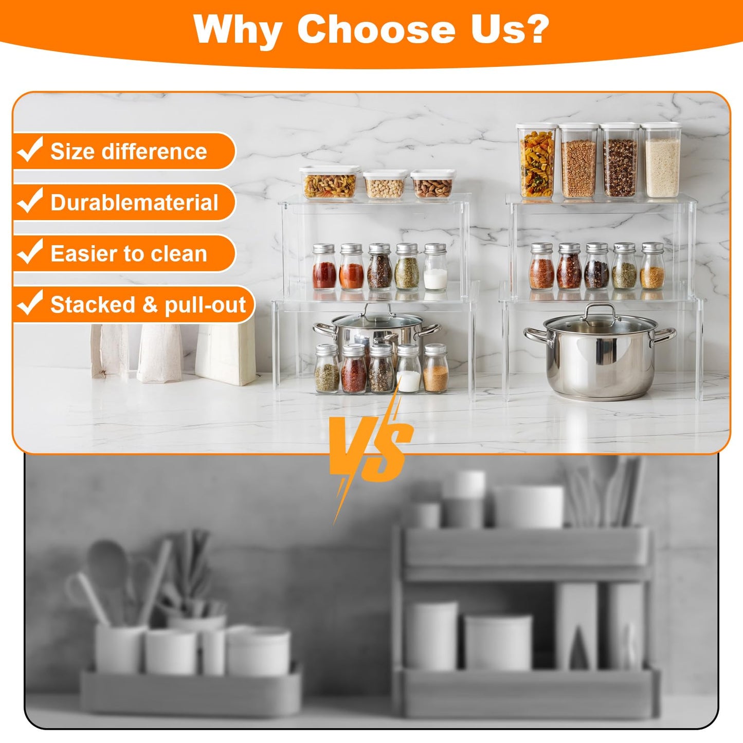 Afcabakila 4 Pcs Clear Acrylic Cabinet Organizer Shelves, Stackable Spice Rack & Shelf Riser for Kitchen Pantry, Countertop, Bathroom, Desk & Cupboard Storage, Versatile Display Organizer for Makeup