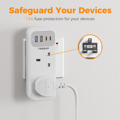Double Plug Adaptor with 4 USB(2 USB C), TESSAN 2 Way Multi Plug Extension Adapter, UK 13A Fuse Multiplug Sockets Power Extender for Home, Kitchen, Office, School Supplies