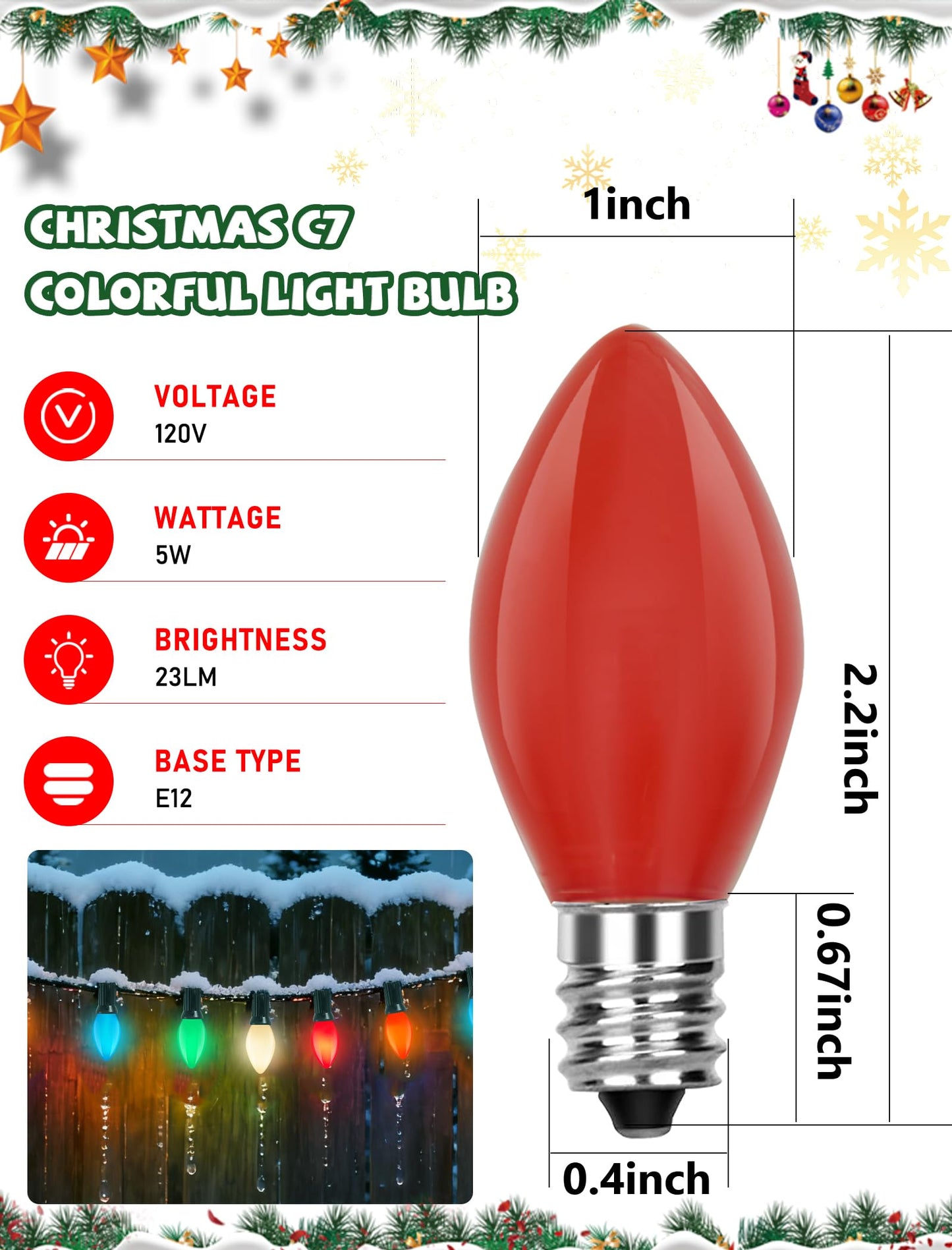 50 Pack C7 Multicolor Christmas Light Bulbs, C7 Multicolor Ceramic Christmas Replacement Bulbs for Outdoor String Lights, Window Candles, 5 Watt Incandescent Night Light Bulbs, C7/E12 Candelabra Base