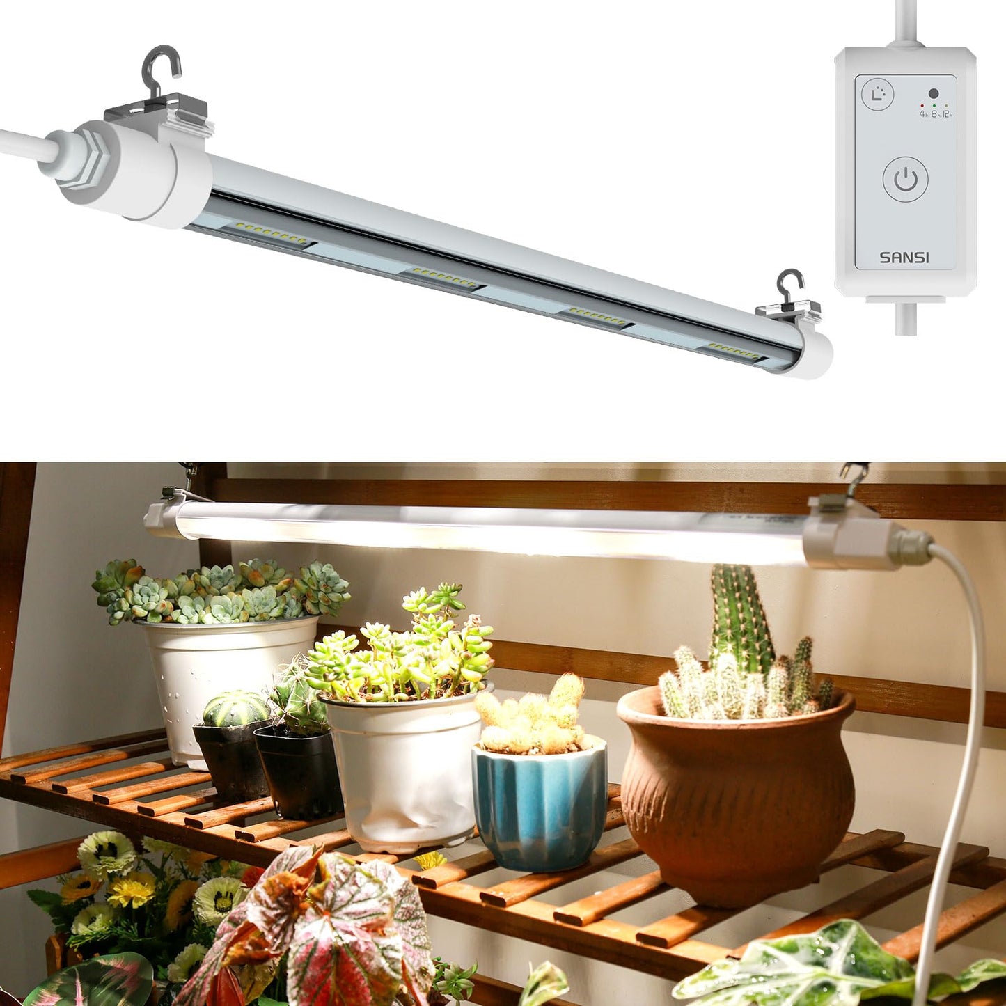 SANSI T8 Grow Lights for Indoor Plants, 2FT 4000K Full Spectrum, 25W (195W Equivalent) LED Grow Light Strips with 4-Level Dimmable, Auto On Off 4 8 12 Hrs Timer, IP54 Waterproof for Seed Starting