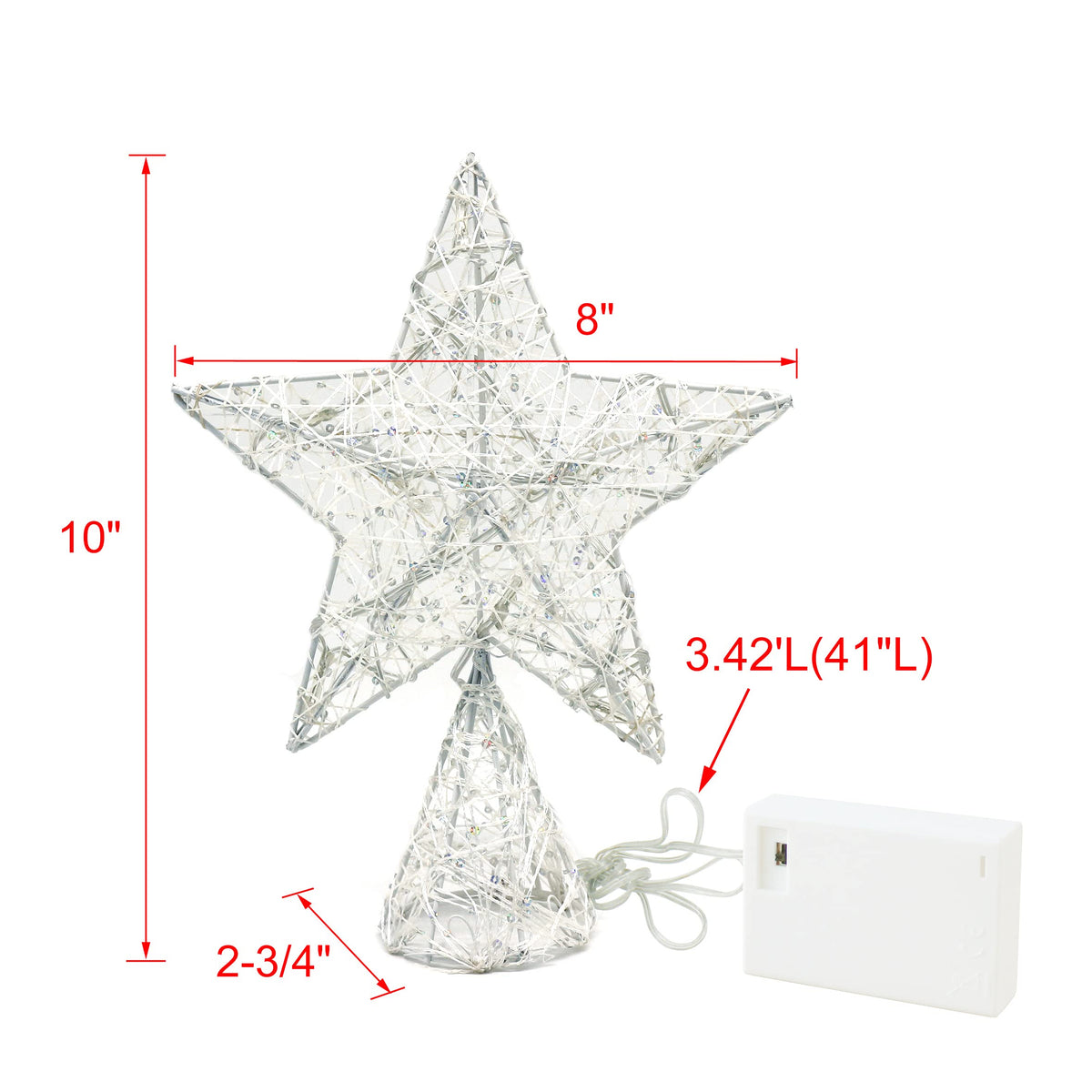 CVHOMEDECO. White Tree Top Star with Warm White LED Lights and Timer for Christmas Ornaments and Holiday Seasonal Décor, 8 x 10 Inch