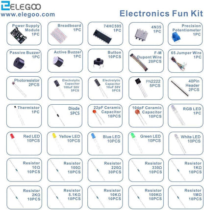 ELEGOO Electronic Fun Kit Breadboard Cable Resistor Capacitor LED Potentiometer for Electronic Learning Kit, compatible with Arduino UNO R3, MEGA, Raspberry Pi, Datasheet Available To Download