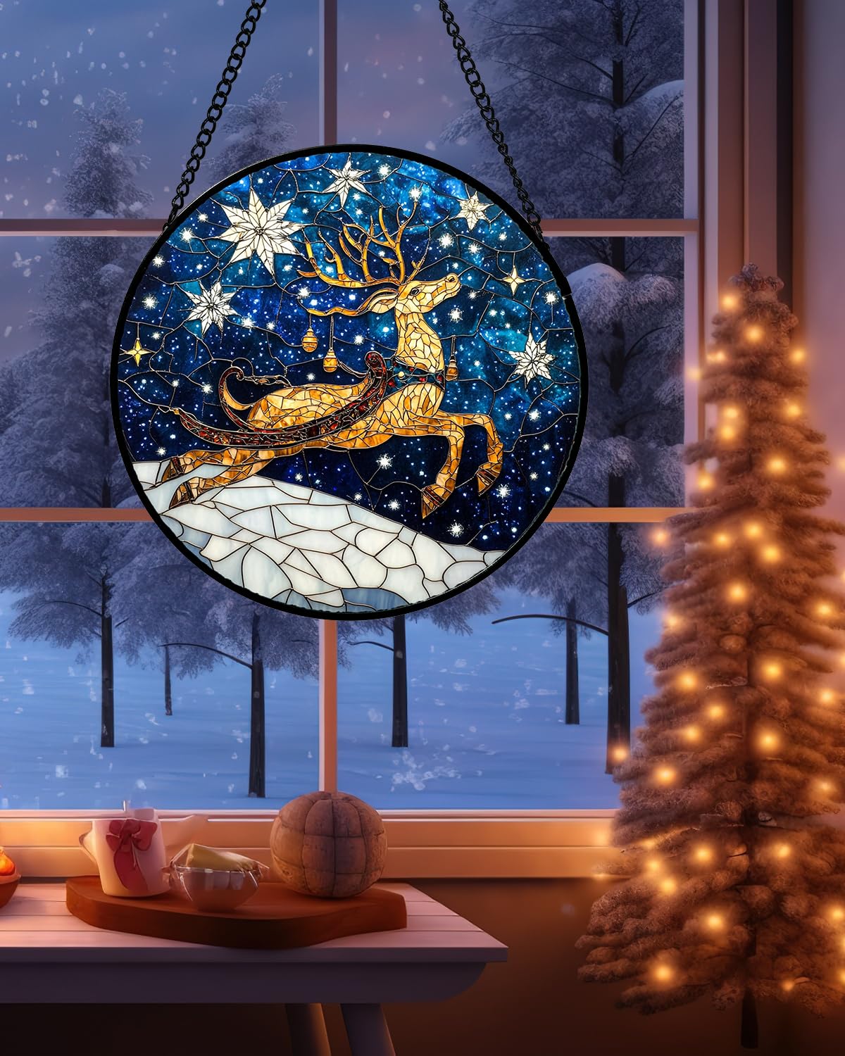 HWRHTR Stained Glass Window Hanging - Reindeer Blue Starry Sky Suncatcher for Doors Home Christmas Decoration Winter Sun Catcher Thanksgiving New Year Birthday Gifts for Women Men Mom Nana 6.3 in